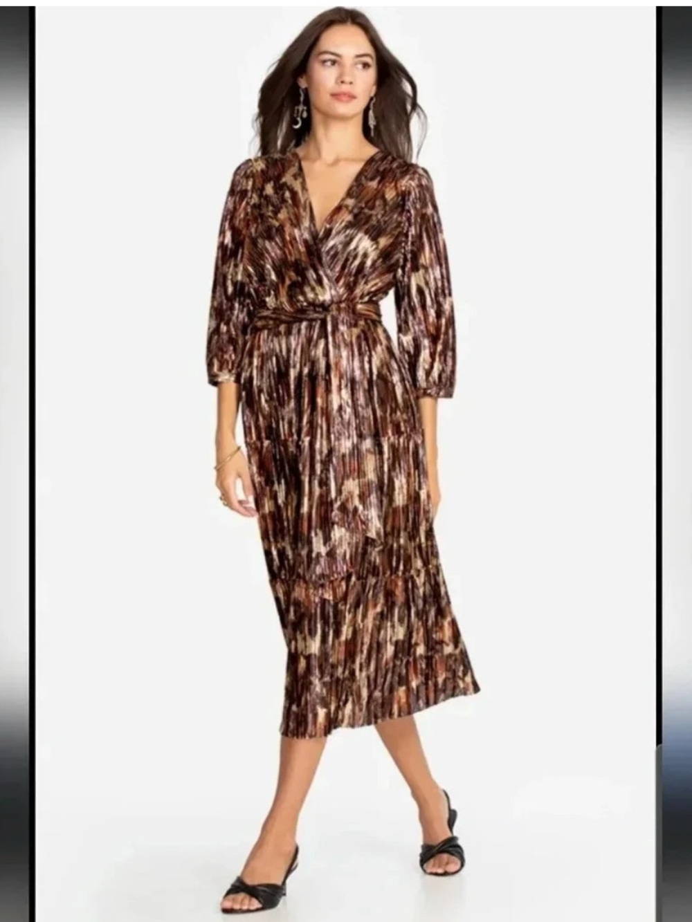 JOHNNY WAS Jade Tina Wrap Midi Dress Metallic Accordion Leopard Belted Plisse S